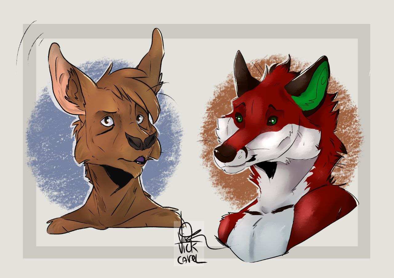 2022 anthro bat black_ears black_nose black_sclera brown_body brown_eyes brown_fur bust_portrait canid canine cheek_tuft duo facial_tuft felid fox fur green_eyes green_inner_ear head_tuft hybrid lion looking_at_viewer male mammal pantherine pink_inner_ear portrait purple_tongue red_body red_fur signature simple_background tongue tuft vick-carel victor_johansen viola_bat_(character) white_background