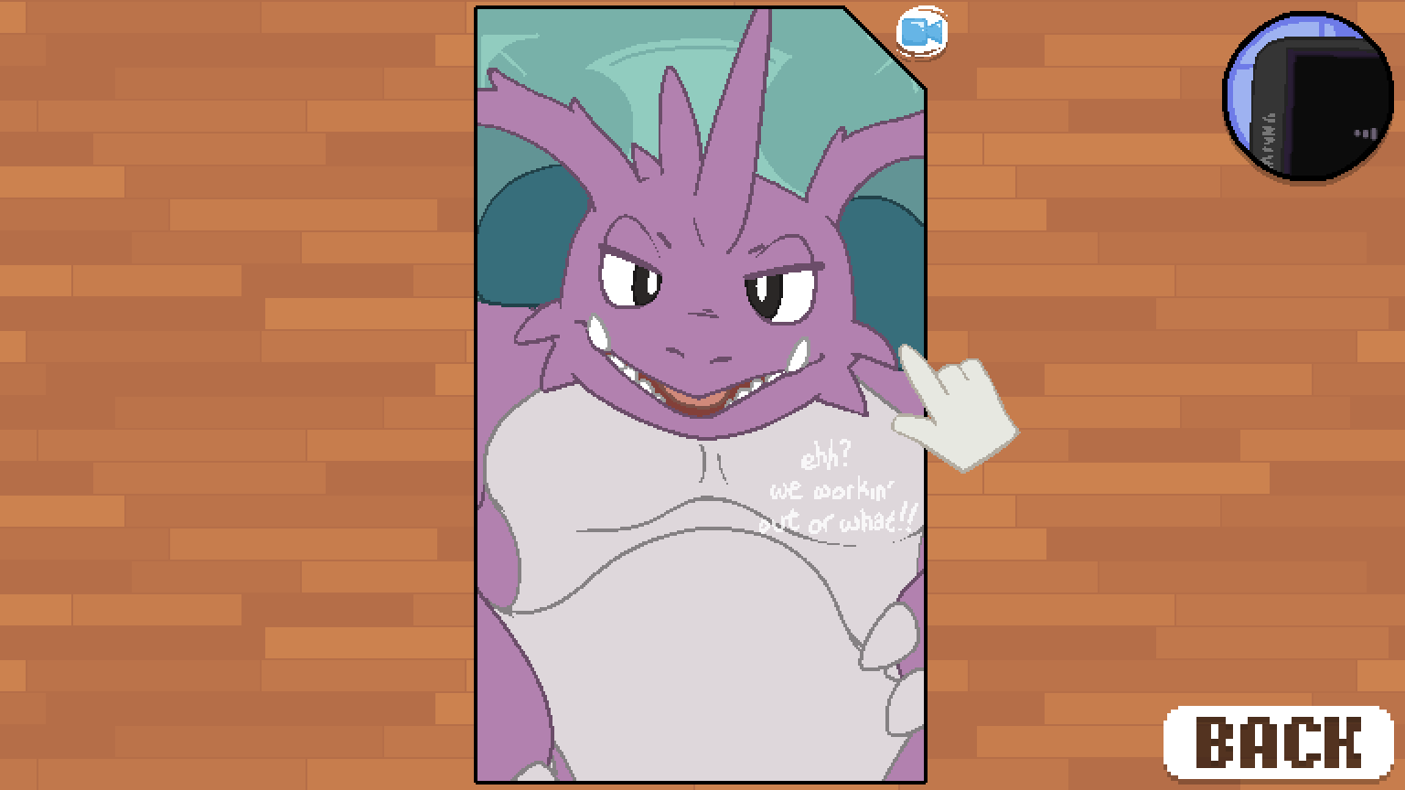 16:9 ambiguous_gender argon_vile clothing dialogue generation_1_pokemon gloves handwear looking_at_viewer monster_mind nidoking nintendo pokemon pokemon_(species) simple_background solo solo_focus teeth text widescreen