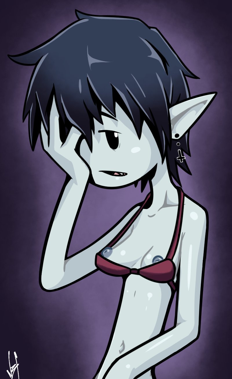 adventure_time black_hair bra breasts cartoon_network clothed clothing ear_piercing female grey_body grey_skin hair half-length_portrait hand_on_face hi_res humanoid humanoid_pointy_ears marceline_abadeer n3f4str10 nipple_slip nipples not_furry piercing portrait purple_background simple_background solo underwear vampire