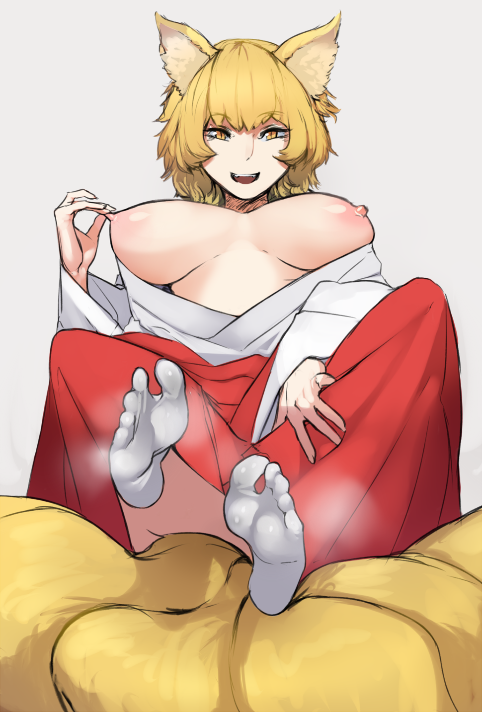 animal_ears animal_humanoid animal_tail areola asian_mythology big_breasts blonde_hair breasts canid canid_humanoid canine canine_humanoid clothing east_asian_mythology exposed_breasts eyelashes feet female footwear fox_humanoid fur grey_background hair hi_res humanoid japanese_mythology looking_at_viewer mammal mammal_humanoid multi_tail mythology nipple_fetish nipple_pinch nipple_play nipples open_mouth open_smile orange_eyes pinch pink_areola pink_nipples pupils ran_yakumo scas short_hair shrine_maiden simple_background slit_pupils smile socks solo steam tail thick_thighs touhou white_clothing white_footwear white_socks wide_hips yellow_body yellow_fur yokai
