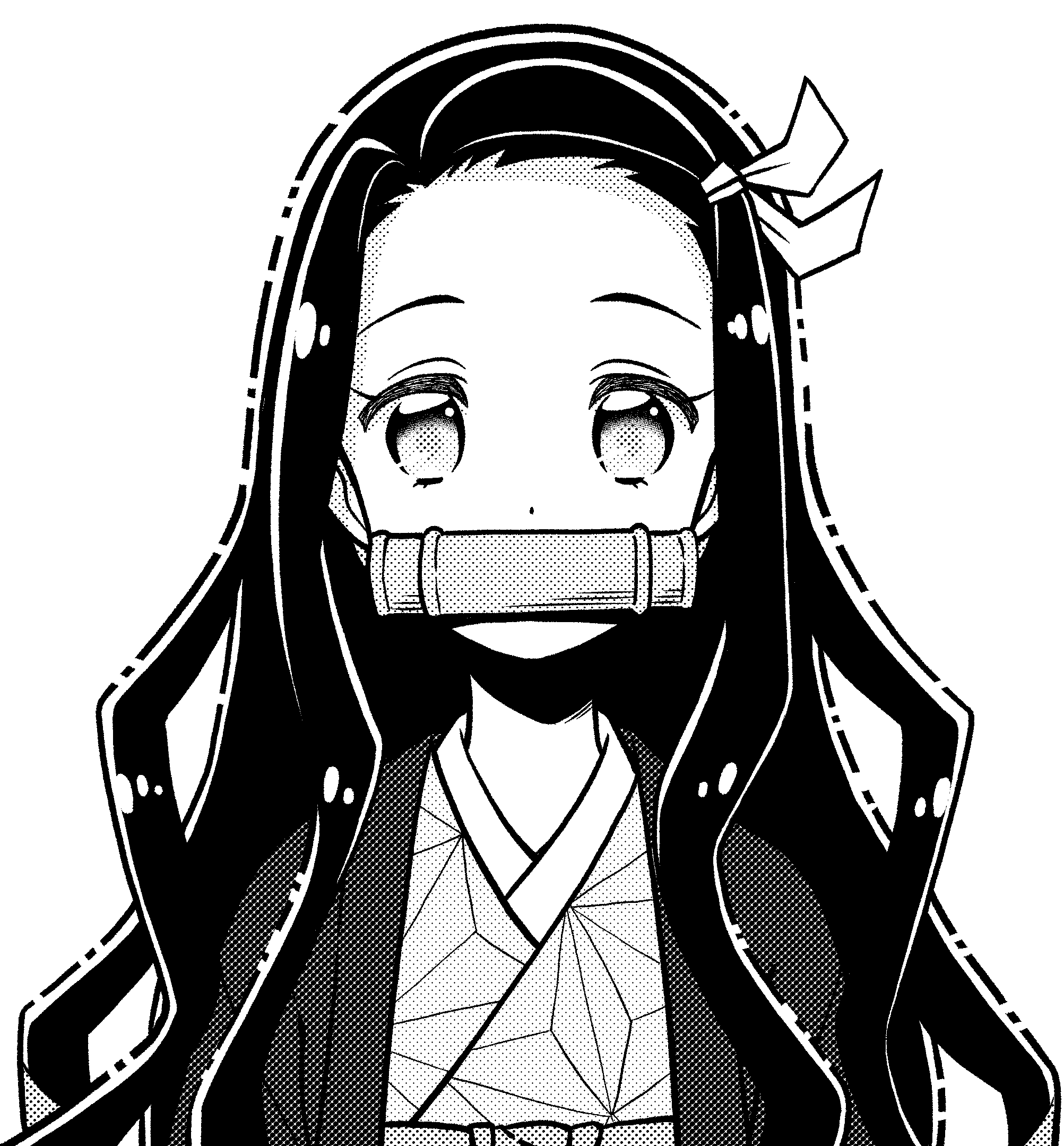 1girl bamboo bit_gag black_hair dot_nose eyelashes facing_viewer gag haori highres japanese_clothes kamado_nezuko kimetsu_no_yaiba kimono long_hair monochrome ribbon simple_background solo upper_body white_background ziburikito