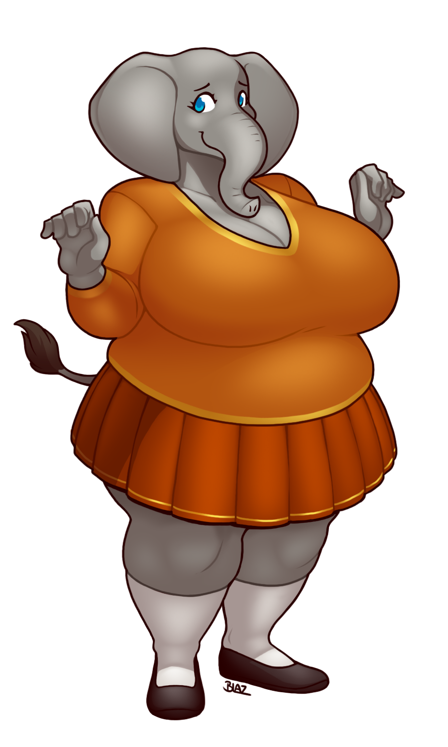 2023 anthro big_breasts blazbaros bottomwear breasts clothing elephant elephantid eyebrows eyelashes female footwear grey_body hi_res huge_breasts looking_at_viewer mammal overweight overweight_female proboscidean shoes skirt socks solo tail tail_tuft thick_thighs trunk tuft tusks wide_hips