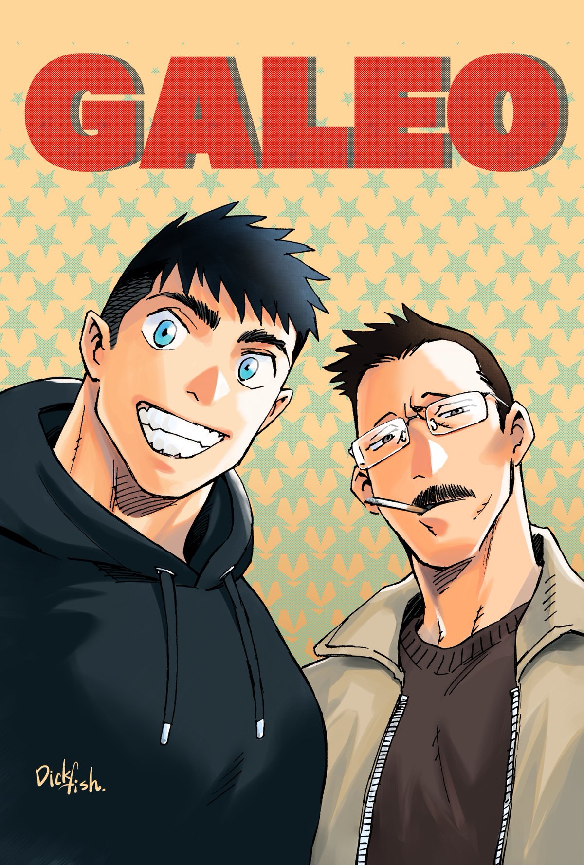 2boys bara billy_russell_(dickfish) black_hair blue_eyes brown_background brown_hair cigarette dickfish_(fishismdick) facial_hair glasses grin highres john_rottweil_(dickfish) looking_at_viewer male_focus mature_male multiple_boys mustache original portrait selfie short_hair sideburns smile starry_background stubble thick_eyebrows undercut upper_body yarofes:2023