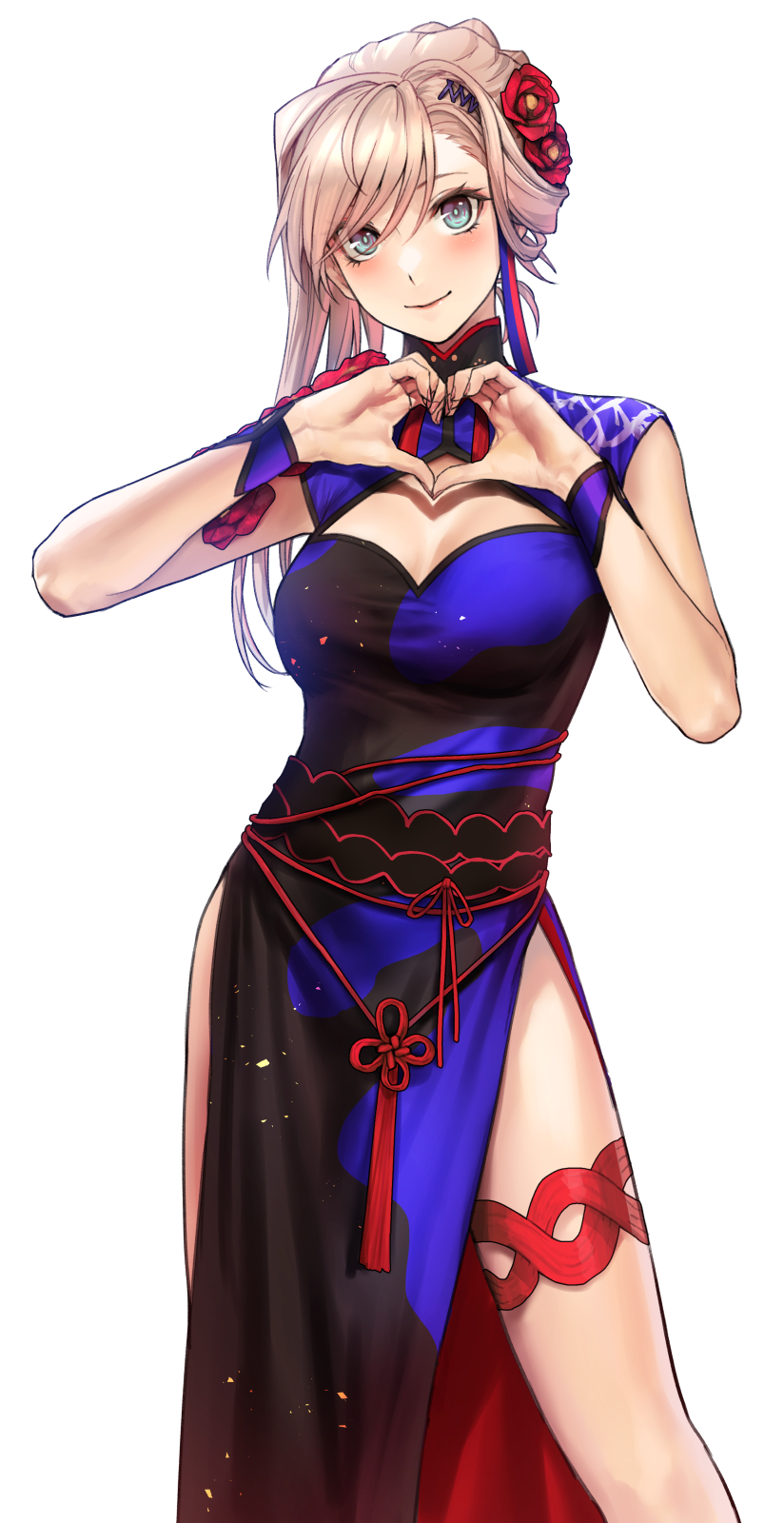 1girl applekun blue_dress blue_eyes cleavage_cutout clothing_cutout dress fate/grand_order fate_(series) flower hair_flower hair_ornament heart heart_hands highres looking_at_viewer miyamoto_musashi_(fate) pelvic_curtain pink_hair red_flower red_rose rose side_slit single_sidelock smile solo swept_bangs