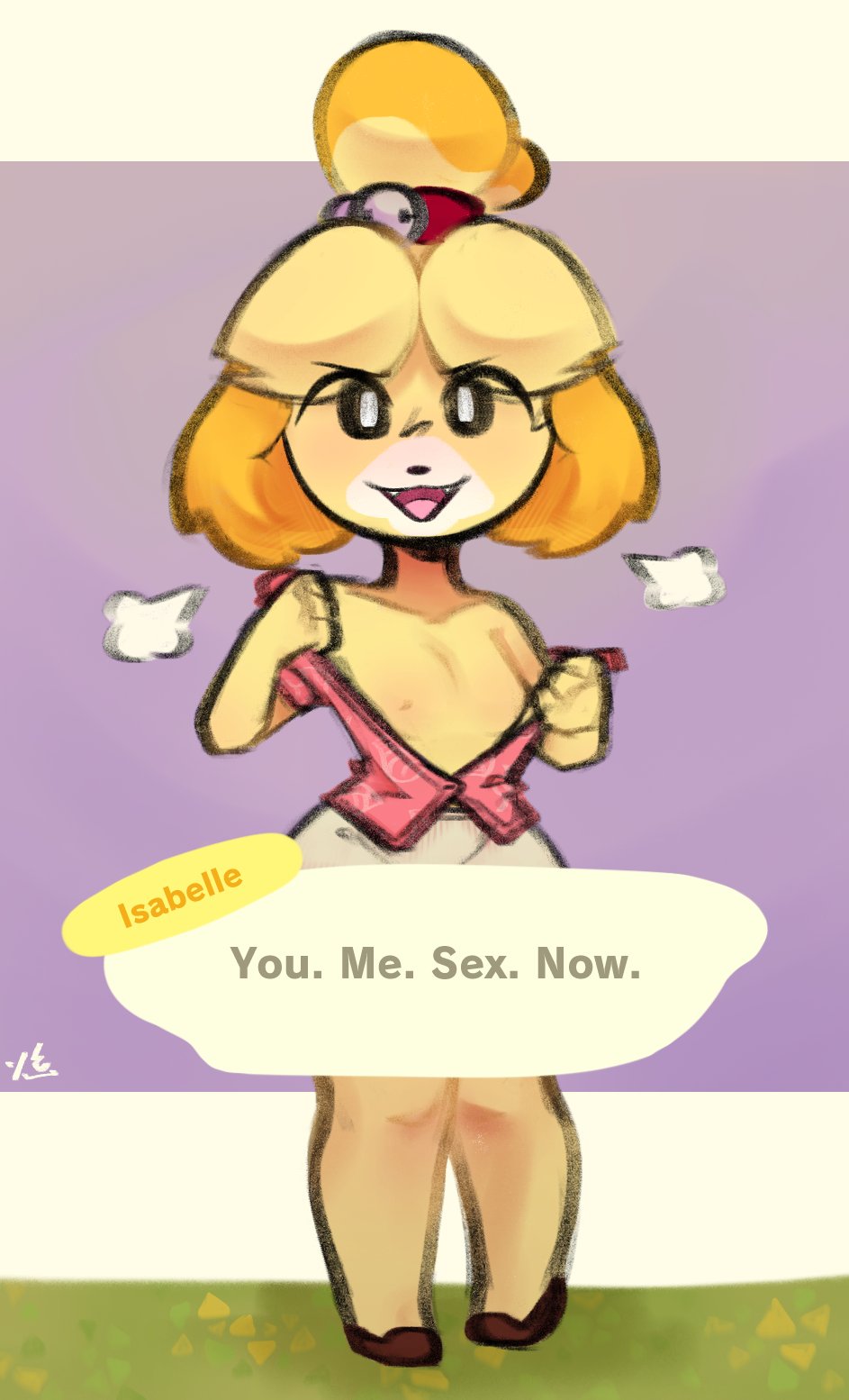 animal_crossing anthro breasts canid canine canis clothed clothing domestic_dog female flat_chested footwear hair hair_bun hi_res isabelle_(animal_crossing) mammal nintendo open_clothing open_mouth open_shirt open_topwear revealing_breasts shih_tzu shirt shoes smile solo speech_bubble text tofuuu topwear toy_dog wide_hips