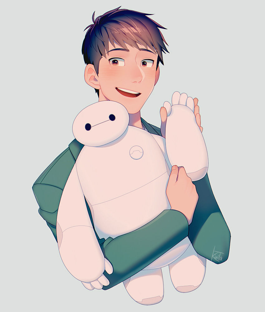 1boy baymax big_hero_6 cropped_torso green_shirt holding holding_stuffed_toy kiri_futoshi looking_at_viewer male_focus merchandise raised_eyebrows shirt short_hair smile stuffed_toy tadashi_hamada thick_eyebrows waving