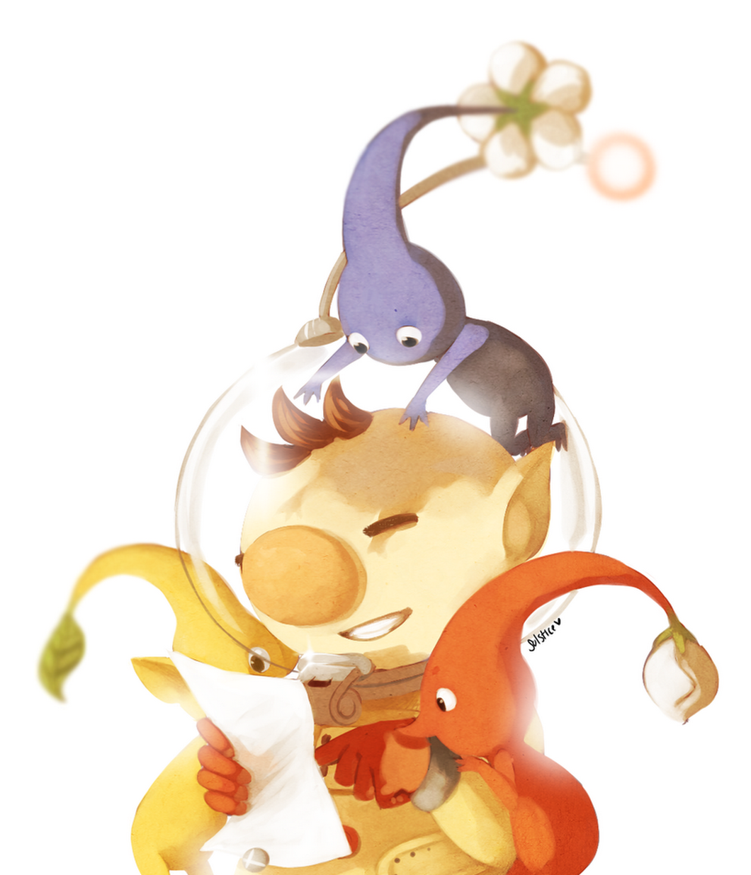 1boy artist_name backpack bad_id bad_pixiv_id bag big_nose black_eyes blue_pikmin blue_skin brown_hair bud buttons closed_eyes colored_skin flower gloves hands_on_another's_arm helmet highres holding holding_letter leaf letter looking_at_object lying lying_on_person male_focus no_mouth olimar on_stomach open_mouth patch pikmin_(creature) pikmin_(series) pointing pointy_ears pointy_nose radio_antenna reading red_bag red_gloves red_pikmin red_skin short_hair signature sitting sitting_on_head sitting_on_person smash_invitation smile solo_focus space_helmet spacesuit super_smash_bros. teeth upper_body venusianpeach very_short_hair whistle white_background white_flower yellow_pikmin yellow_skin