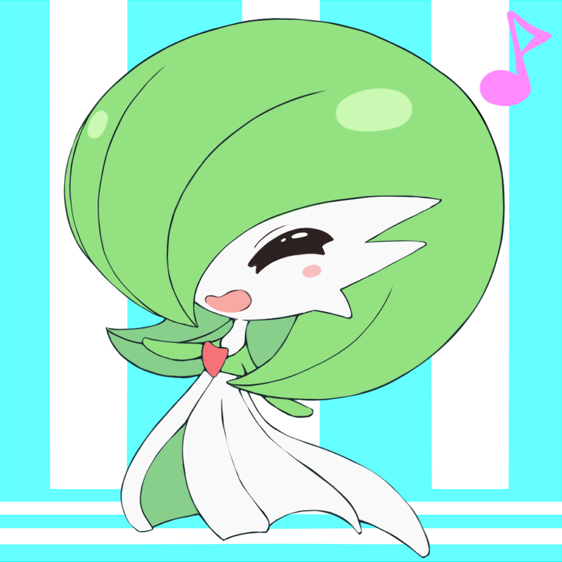 1girl ^_^ asairosora blue_background blush blush_stickers bob_cut chibi closed_eyes colored_skin commentary_request flat_chest flat_color full_body gardevoir green_hair green_skin hair_over_one_eye happy multicolored_skin musical_note one_eye_covered open_mouth pokemon pokemon_(creature) short_hair smile solo standing striped striped_background two-tone_skin white_skin