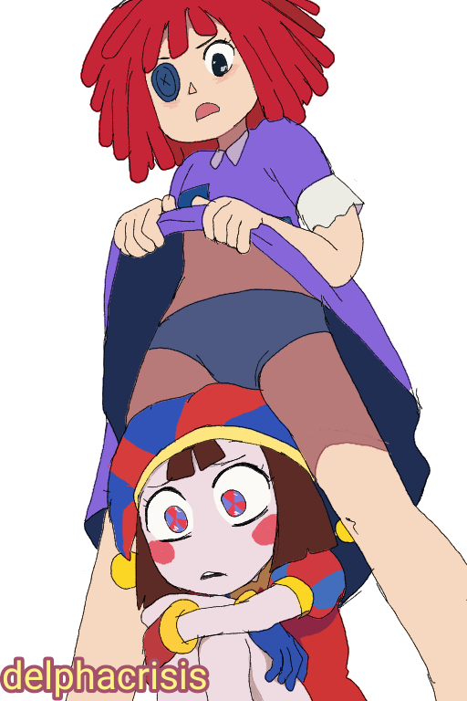 2girls artist_name blue_eyes brown_hair button_eyes delpha_crisis dress hat hat_bell hugging_own_legs jester jester_cap medium_hair multicolored_clothes multicolored_eyes multicolored_headwear multiple_girls on_ground open_mouth panties pomni_(the_amazing_digital_circus) purple_dress ragatha_(the_amazing_digital_circus) red_eyes red_hair simple_background sketch the_amazing_digital_circus underwear white_background