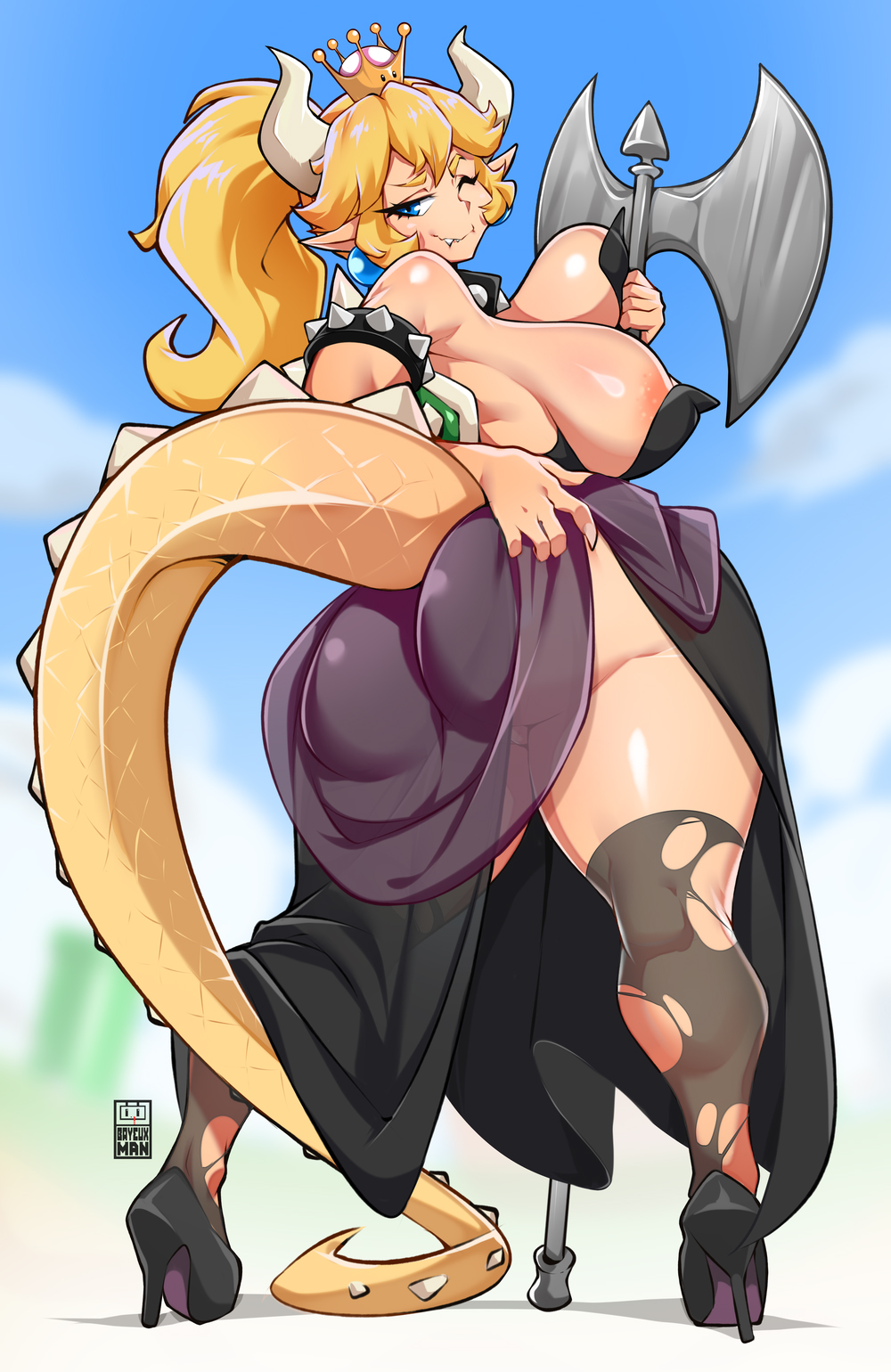2023 5_fingers animal_humanoid areola areola_slip armband artist_name axe barely_visible_genitalia barely_visible_pussy bayeuxman big_breasts big_butt blonde_hair blue_eyes bowsette_meme breasts butt clothed clothing clothing_lift collar crown curvy_figure dress dress_lift ear_piercing eyebrows eyelashes fangs female fingers footwear genitals hair headgear hi_res high_heels holding_axe horn huge_breasts huge_butt humanoid humanoid_pointy_ears koopa_humanoid legwear long_hair looking_at_viewer mario_bros meme nintendo one_eye_closed piercing ponytail princess_peach pussy scalie scalie_humanoid shoes smile solo spiked_armband spiked_collar spikes stockings super_crown teeth thick_thighs torn_clothing translucent translucent_clothing voluptuous wide_hips wink