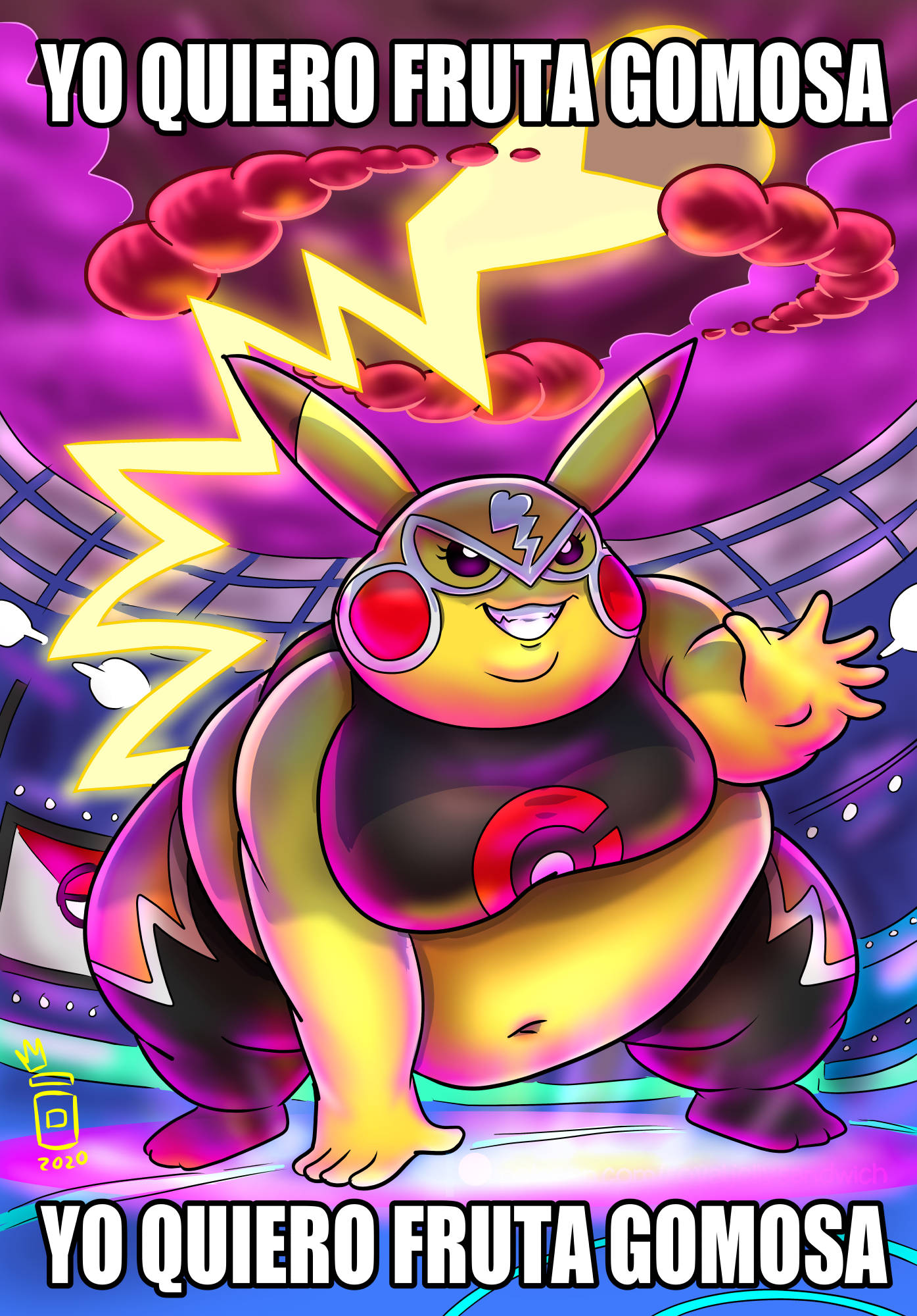 2020 5_fingers anthro arena belly big_belly bottomwear breasts clenched_teeth clothed clothing cloud cosplay_pikachu_(costume) crouching fangs female fingers fur generation_1_pokemon glowing hi_res macro mask meme navel nintendo obese obese_anthro obese_female overweight overweight_anthro overweight_female pants pikachu pikachu_libre pokemon pokemon_(species) raised_tail royaljellysandwich shirt signature smile solo spanish_text sports_mask sportswear sumo sumo_wrestler tail tank_top teeth text thick_thighs topwear tv_screen wrestler wrestling_mask yellow_body yellow_fur