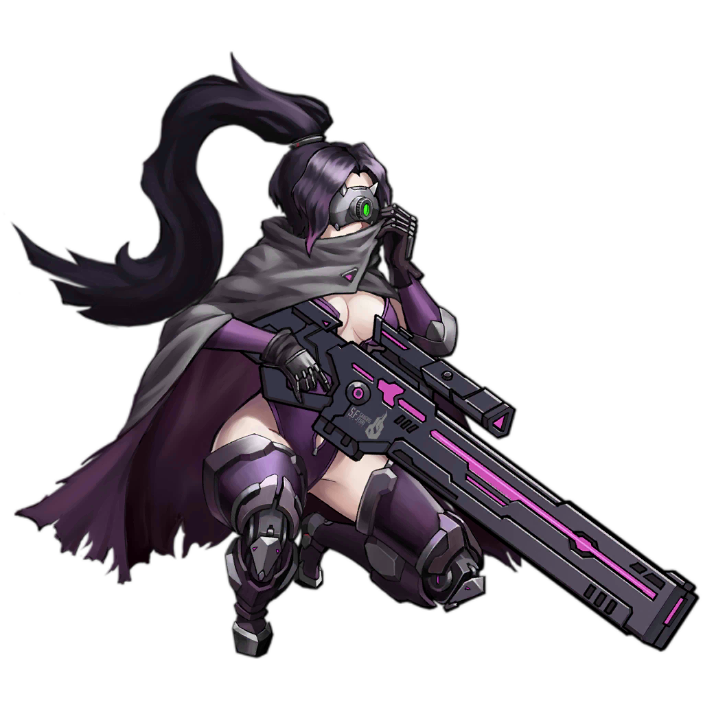 1girl android artist_request black_gloves black_hair breasts center_opening cloak colored_tips covered_mouth detached_sleeves full_body girls'_frontline gloves grey_cloak gun head-mounted_display holding holding_gun holding_weapon jaeger_(girls'_frontline) large_breasts leg_armor leotard long_hair mechanical_legs multicolored_hair official_art one_knee ponytail purple_cloak purple_footwear purple_hair purple_leotard purple_sleeves rifle sangvis_ferri science_fiction scope simple_background solo squatting transparent_background two-tone_cloak weapon