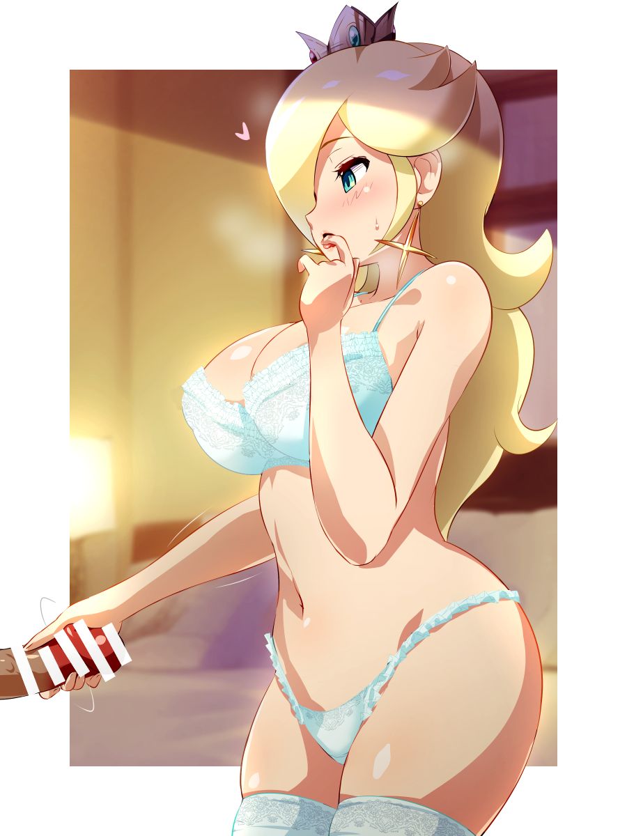 1boy 1girl aqua_bra aqua_eyes aqua_panties aqua_thighhighs bar_censor bare_shoulders blonde_hair bra breasts censored cleavage cowboy_shot crown earrings finger_to_mouth frilled_bra frills hair_over_one_eye handjob heart hetero highres indoors jewelry konpeto large_breasts long_hair mario_(series) motion_lines navel open_mouth panties penis rosalina solo_focus steaming_body super_mario_galaxy thighhighs tongue tongue_out underwear underwear_only