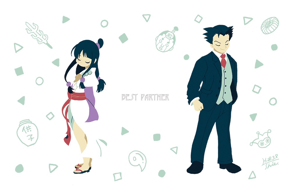 1boy 1girl ace_attorney badge black_footwear black_hair blue_badger blue_jacket blue_vest closed_eyes closed_mouth collared_shirt english_text jacket japanese_clothes kimono long_hair magatama maya_fey necktie obi phoenix_wright red_necktie sai_(weapon) sandals sash shie-k shirt short_hair square steel_samurai suit triangle vest white_kimono white_shirt