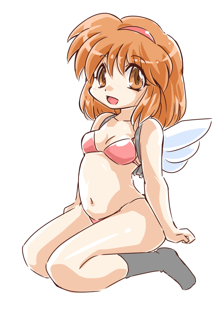 1girl backpack bag bianca_(pokemon_heroes) bikini breasts brown_eyes brown_hair commentary_request full_body grey_socks hairband kanon kneeing looking_at_viewer navel okuri_ookami pink_bikini red_hairband simple_background small_breasts smile socks solo swimsuit tsukimiya_ayu white_background winged_bag