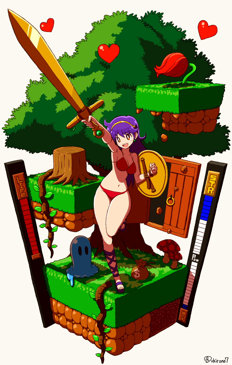1girl athena_(series) bra bright_pupils brown_eyes doorway earrings flower greatsword hairband heart highres holding holding_sword holding_weapon jewelry moneybag mushroom navel open_mouth panties princess_athena purple_hair red_bra red_flower red_panties roots sandals shield shirono short_hair simple_background slime_(creature) solo standing standing_on_one_leg sword teeth tree tree_stump underwear upper_teeth_only weapon white_background white_pupils wide_hips