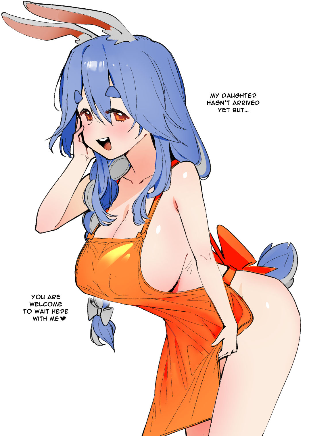 1girl animal_ear_fluff animal_ears apron blue_hair blush bow braid breasts cleavage collarbone covered_nipples dismassd english_text hair_bow hand_on_own_face highres hololive huge_breasts large_breasts long_braid long_hair mature_female multicolored_hair naked_apron open_mouth orange_apron orange_eyes pekomama rabbit_ears rabbit_girl rabbit_tail sideboob simple_background tail teeth thick_eyebrows twin_braids upper_teeth_only virtual_youtuber white_background white_bow white_hair