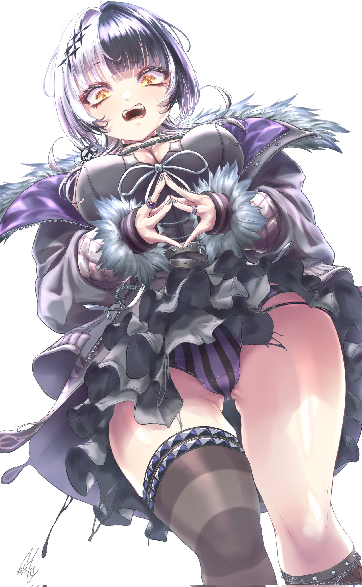 1girl ass_visible_through_thighs black_choker black_coat black_dress black_gloves black_hair breasts chest_belt choker cleavage coat dress elbow_gloves fur-trimmed_coat fur_trim gloves highres hololive hololive_english jewelry lace-trimmed_choker lace_trim large_breasts long_hair multicolored_hair open_mouth panties purple_coat purple_panties ring shiori_novella split-color_hair striped striped_gloves striped_panties striped_thighhighs syam_illust teeth thighhighs two-sided_coat underwear upper_teeth_only virtual_youtuber white_hair yellow_eyes yorick_(shiori_novella)