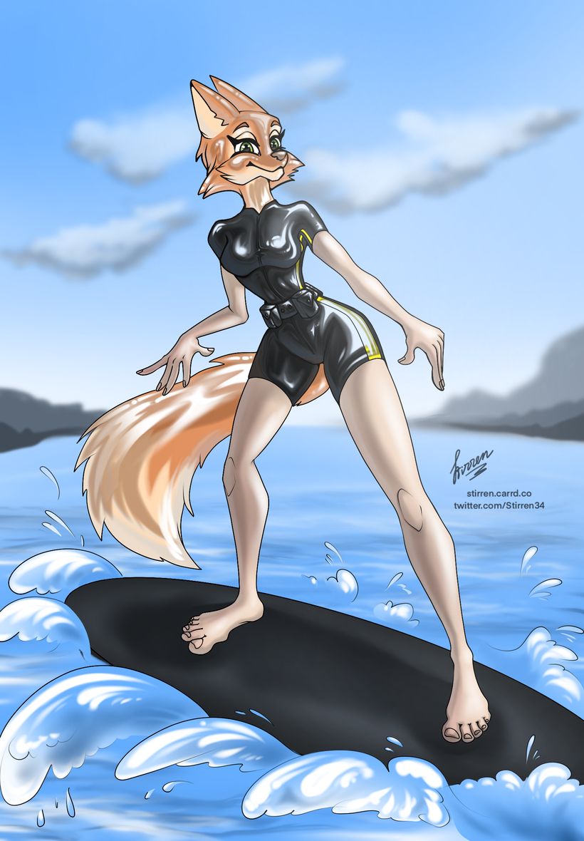 anthro bodysuit canid canine clothing cosplay diane_foxington disguise dreamworks female fox human latex mammal pinup pose rubber rubber_clothing rubber_suit skinsuit solo stirren surfing the_bad_guys tight_clothing wetsuit