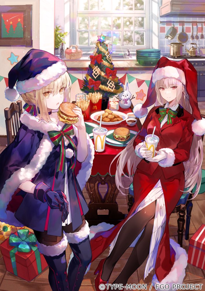 2girls artoria_pendragon_(fate) blue_gloves blue_santa_costume boots bow braid burger cape chicken_nuggets christmas christmas_tree cup disposable_cup drinking_straw fast_food fate/grand_order fate_(series) florence_nightingale_(fate) florence_nightingale_(santa)_(fate) food fou_(fate) french_fries front_slit fur-trimmed_boots fur-trimmed_cape fur-trimmed_headwear fur-trimmed_sleeves fur_boots fur_trim fuzichoco gift gloves grey_hair hair_bun hair_ribbon hat high_heels holding ketchup kitchen lettuce long_hair mcdonald's multicolored_bow multiple_girls official_art ribbon santa_alter santa_costume santa_hat sauce sesame_seeds sidelocks sitting snowman standing stove striped striped_ribbon table utensil_rack white_gloves yellow_eyes