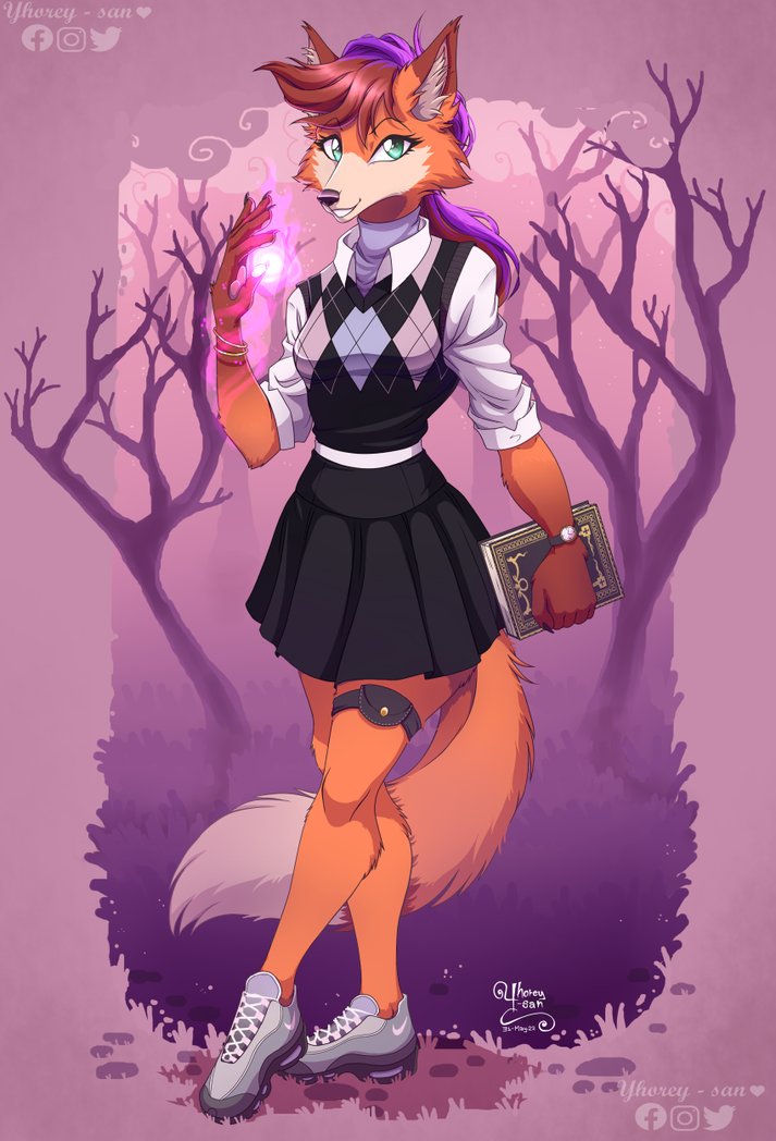 animal_humanoid anthro book bottomwear bracelet brown_hair canid canid_humanoid canine canine_humanoid canis celine_(rustin) clock clothed clothing colored_fire elemental_manipulation female fire fire_manipulation footwear forest forest_background fox fox_humanoid fully_clothed fur green_eyes hair holding_book holding_object humanoid jewelry leg_accessory legwear light magic magic_user mammal mammal_humanoid multicolored_body multicolored_fur multicolored_hair nature nature_background orange_body orange_fur orange_tail plant purple_fire purple_hair shoes simple_background skirt smile sneakers solo solo_focus standing tail teeth tree two_tone_body two_tone_fur two_tone_hair watch yhorey_san