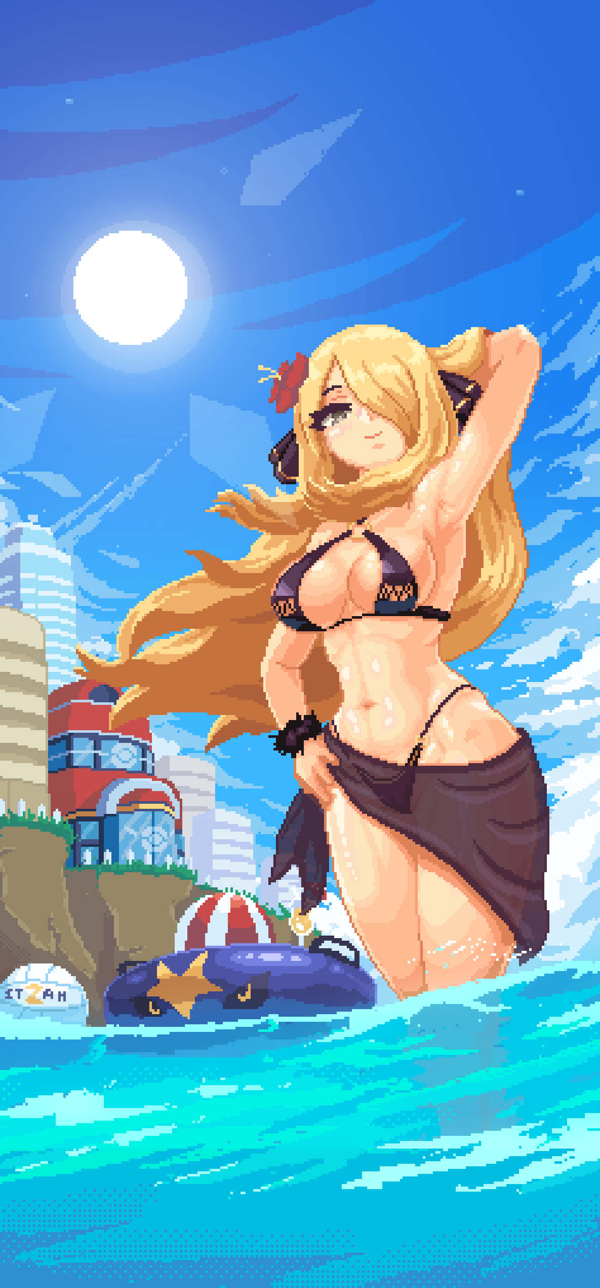 1girl absurdres arm_behind_head arm_up armpits artist_name ball bare_shoulders beachball bikini black_bikini blinking blonde_hair blue_sky breasts building cleavage cliff closed_mouth cloud cloudy_sky cocktail cocktail_umbrella cup cynthia_(pokemon) day drinking_glass eyelashes fence floating_hair garchomp grass grey_eyes hair_ornament hair_over_one_eye halterneck hand_on_own_hip highres in_water innertube itzah long_hair looking_at_viewer medium_breasts multi-strapped_bikini_bottom navel o-ring o-ring_bikini o-ring_bottom o-ring_top one_eye_covered outdoors parted_bangs partially_submerged partially_underwater_shot pixel_art pokemon pokemon_(game) pokemon_bw pokemon_center sidelocks sky smile solo standing stomach sun swept_bangs swimsuit very_long_hair volleyball volleyball_(object) wading water wind