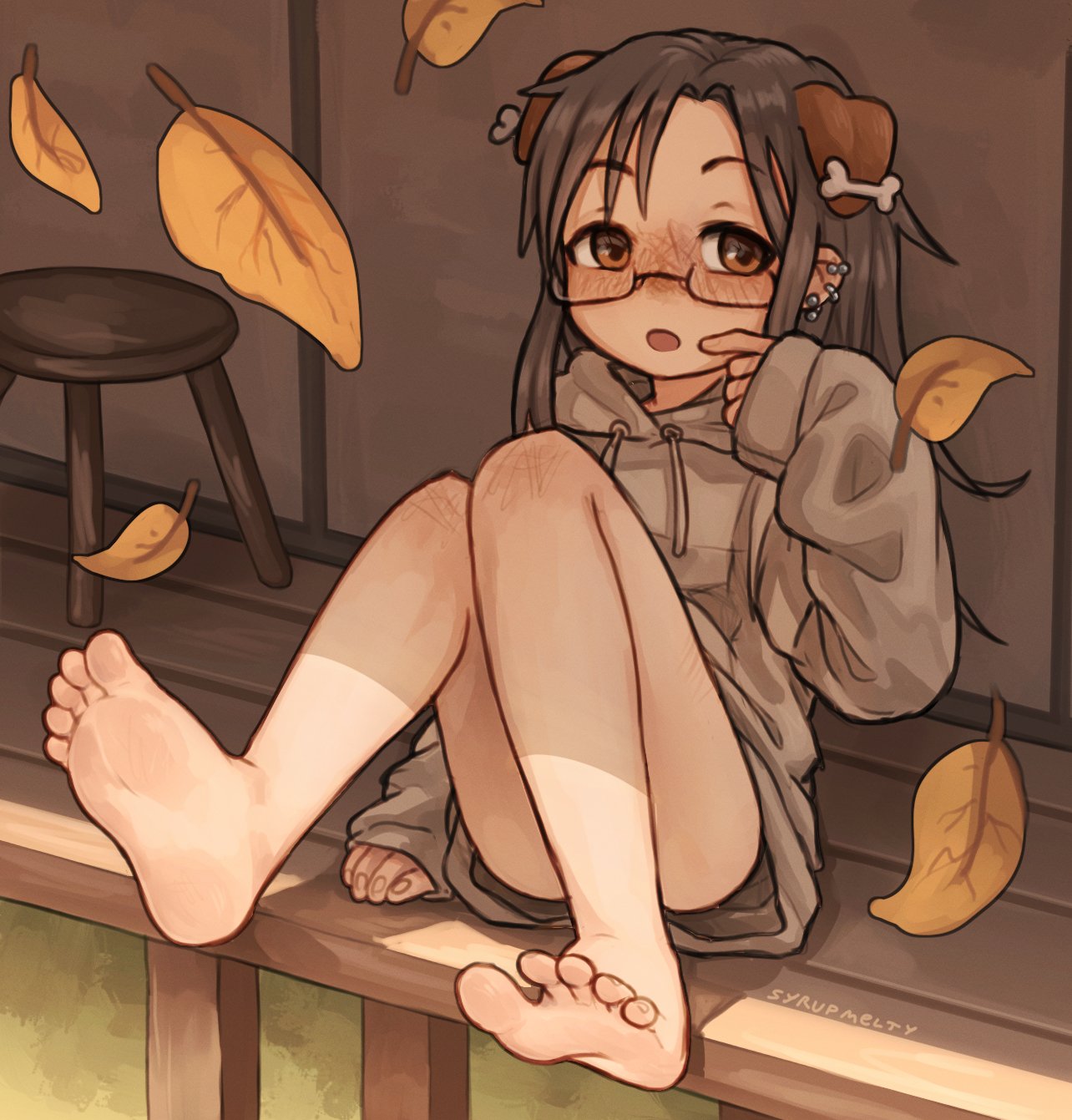 1girl :o animal_ear_piercing animal_ears autumn_leaves bone_hair_ornament brown_eyes dog_ears dog_girl ear_piercing falling_leaves feet finger_to_mouth glasses grey_hoodie hair_ornament highres hood hoodie knees_to_chest knees_together_feet_apart knees_up leaf looking_to_the_side original outdoors piercing self-harm_scar sitting soles solo syrupmelty tareme toes wooden_stool