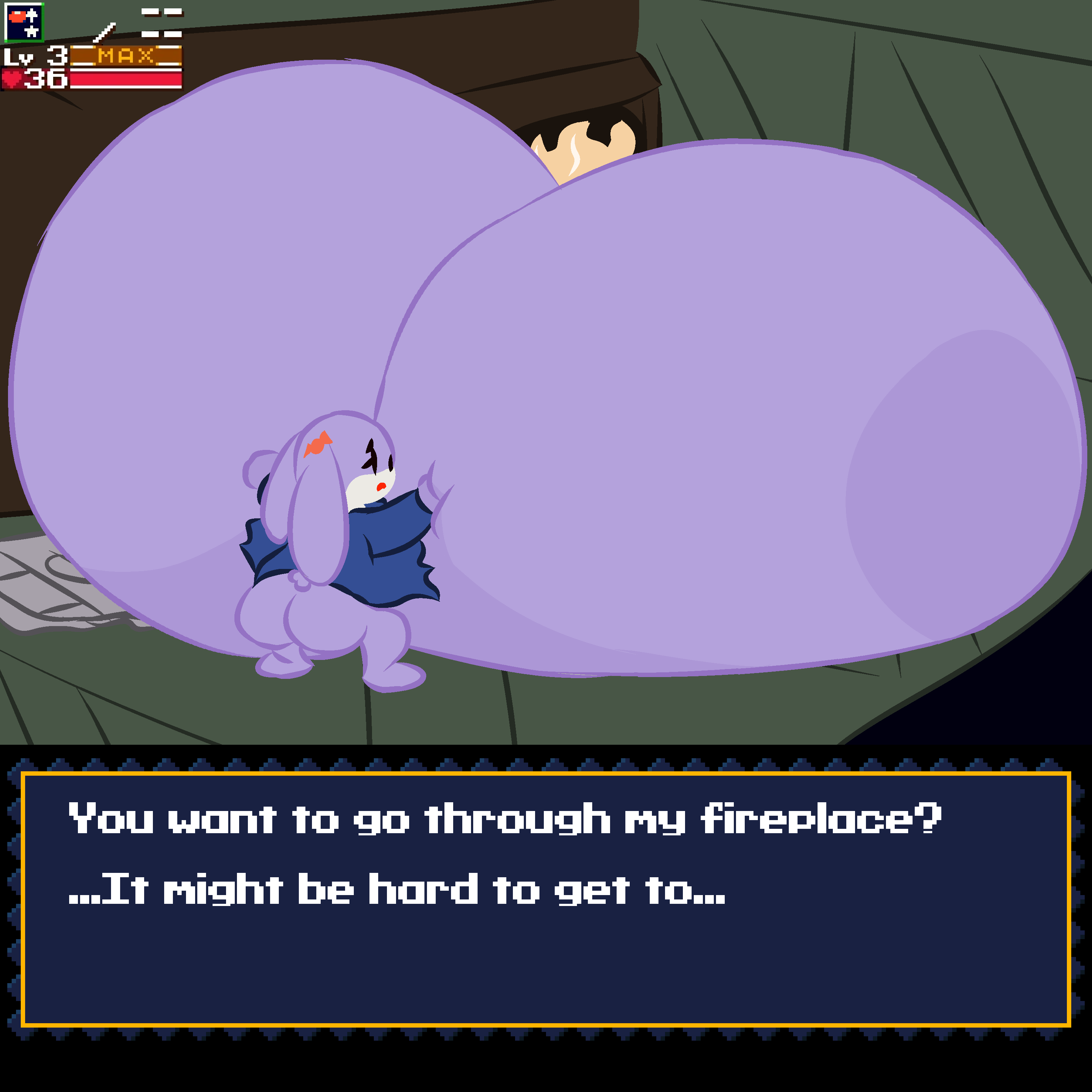 absurd_res anthro big_breasts big_butt breast_expansion breasts butt cave_story clothing detailed_background dialogue expansion female fireplace fur gameplay_mechanics hi_res huge_breasts hyper hyper_breasts immobile inflation_fetish inside kifstopher lagomorph mammal mimiga open_mouth purple_body purple_fur solo standing text torn_clothing unknown_character wardrobe_malfunction
