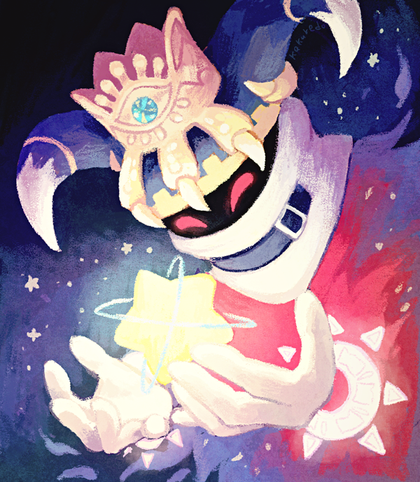 commentary_request crown disembodied_limb gloves horns kakuredo_ura kirby's_return_to_dream_land kirby_(series) magolor master_crown pop_star red_eyes solo star_(sky) white_gloves