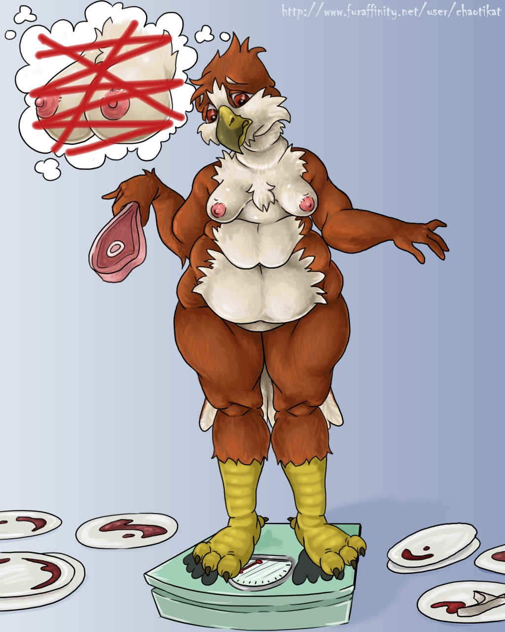 3_toes 4_fingers accipitrid accipitriform anthro avian avian_feet beak big_breasts bird black_talons breasts brown_body brown_eyes chaotikat eyebrows feathers featureless_crotch feet female fingers food hi_res meat multicolored_body navel nipples non-mammal_nipples orange_beak overweight overweight_anthro overweight_female pink_nipples plate small_breasts solo tail_feathers text toes url weighing_scale white_eyebrows