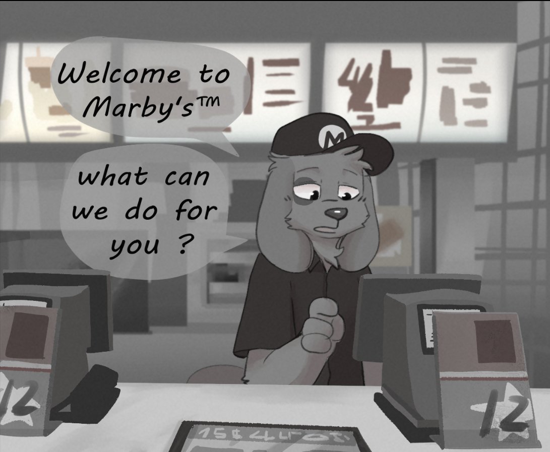 ambiguous_gender anthro canid canine canis cashier clothing dialogue domestic_dog fast_food_employee fast_food_restaurant fast_food_uniform greyscale hat headgear headwear mammal monochrome pop2hotzz solo