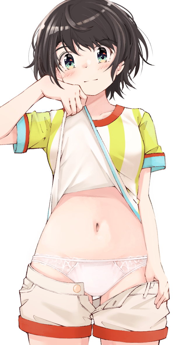 1girl aqua_eyes black_hair blush breasts closed_mouth clothes_lift clothes_pull commentary_request green_shirt hololive k-go lifted_by_self light_smile looking_at_viewer medium_breasts navel oozora_subaru oozora_subaru_(1st_costume) panties pulled_by_self shirt shirt_lift short_hair short_sleeves shorts shorts_pull simple_background solo split_mouth striped striped_shirt t-shirt two-tone_shirt underwear vertical-striped_shirt vertical_stripes virtual_youtuber white_background white_panties white_shirt white_shorts