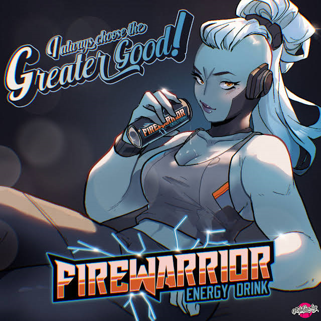 advertisement alien alien_humanoid beverage beverage_can blue_body blue_skin blush bottomwear bra breasts cleavage clothed clothing energy_drink english_text female fire_warrior hair humanoid looking_at_viewer pants ponytail ponytail_(hair) solo sports_bra t'au_(warhammer) text underwear vlepkaaday warhammer_(franchise) warhammer_40000 white_hair yoga_pants
