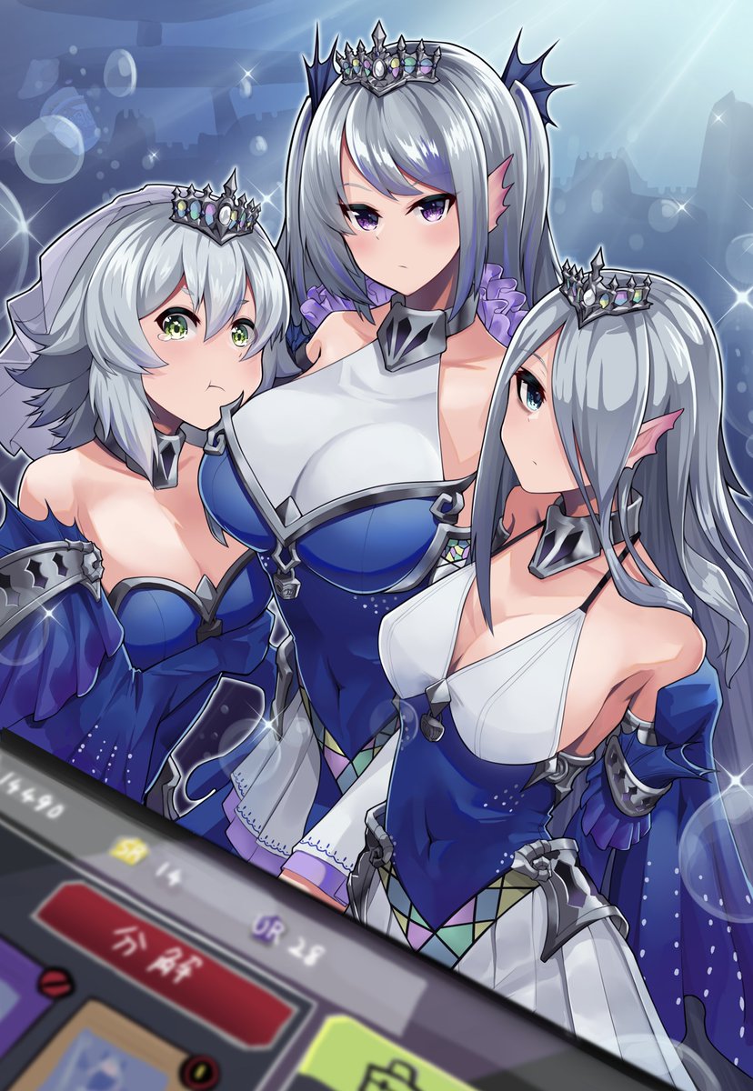 3girls armpits blue_dress blue_eyes breasts bubble cleavage commentary covered_navel dress duel_monster expressionless fins green_eyes grey_hair head_fins highres large_breasts long_hair looking_at_viewer medium_hair multiple_girls nanamilem one_eye_covered pointy_ears purple_eyes siren_(mythology) small_breasts tearing_up tearlaments_havnis tearlaments_merrli tearlaments_scheiren tiara translated underwater very_long_hair yu-gi-oh! yu-gi-oh!_master_duel