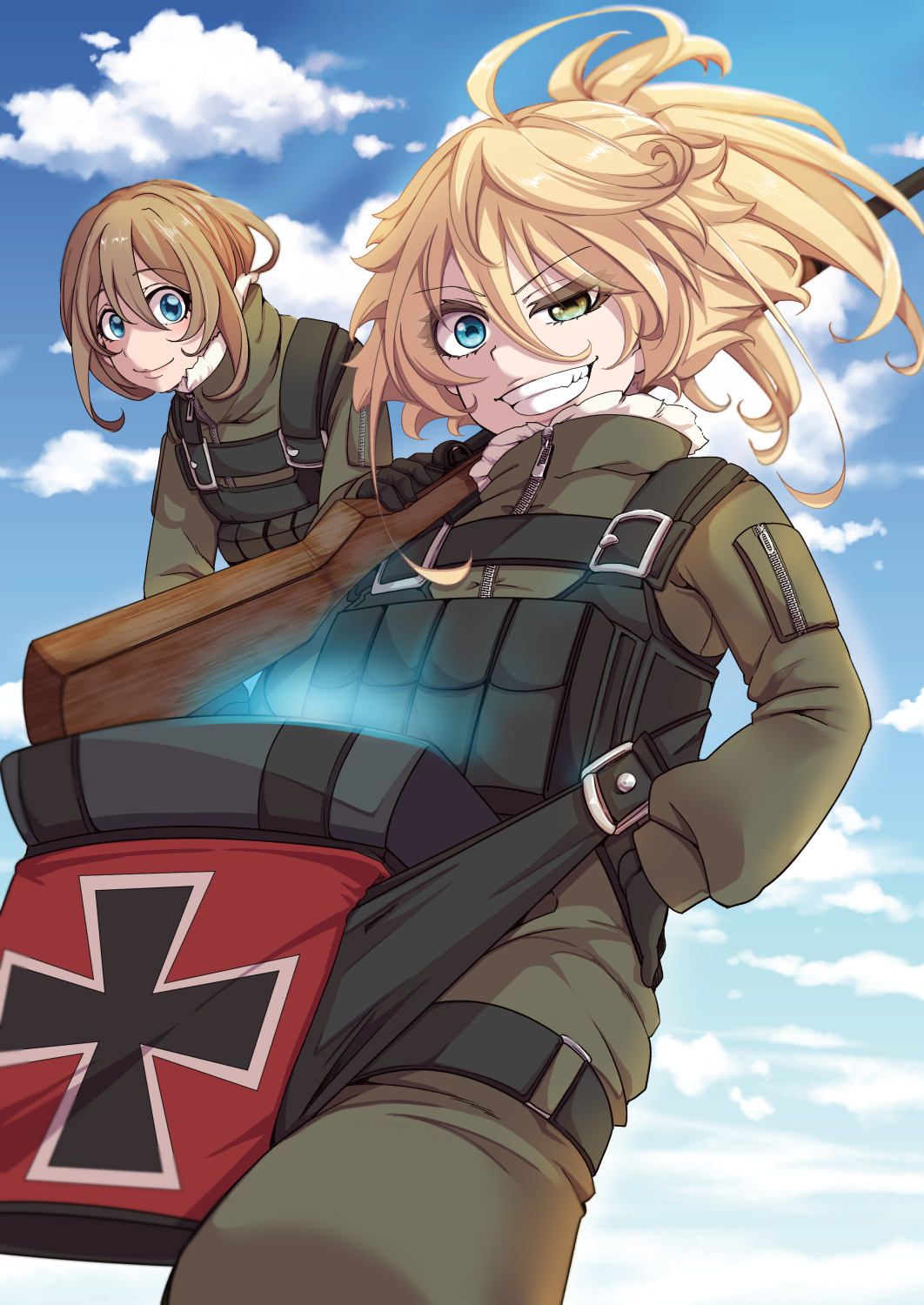 2girls ahoge black_gloves blue_eyes blue_sky brown_hair closed_mouth cloud cloudy_sky cross evil_grin evil_smile gloves green_eyes green_jacket green_pants grin gun hal_(goshujinomocha) heterochromia highres holding holding_gun holding_weapon iron_cross jacket long_hair long_sleeves looking_at_viewer military military_uniform multiple_girls outdoors pants sky smile submachine_gun tanya_degurechaff teeth uniform v-shaped_eyebrows viktoriya_ivanovna_serebryakov weapon youjo_senki