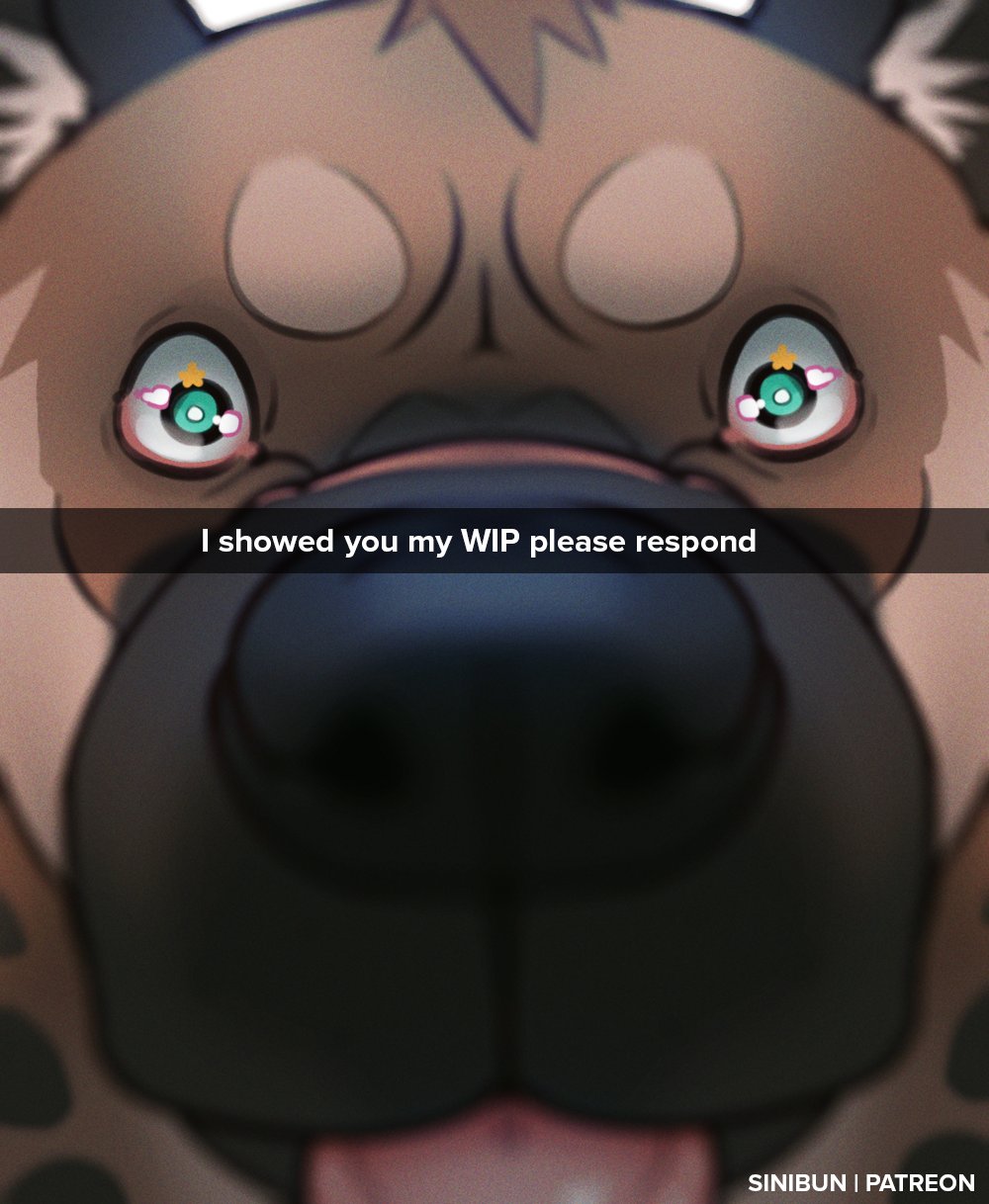 2022 ambiguous_gender anthro blue_eyes close-up detailed_eyes digital_media_(artwork) english_text front_view headshot_portrait hi_res hyena looking_at_viewer mammal please_respond portrait sinibun_95 snapchat snout soft_focus solo spotted_hyena text tongue tongue_out