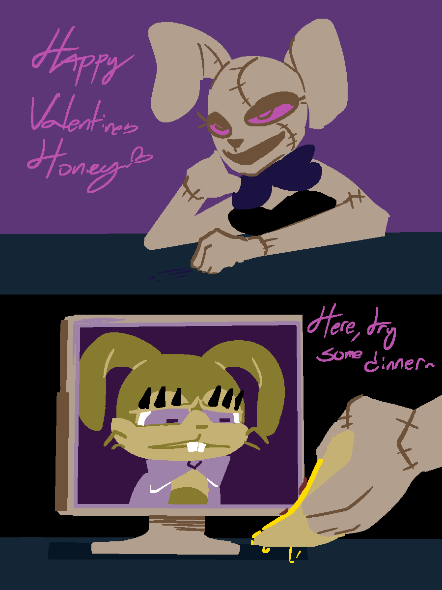 animal_humanoid anthro bow_tie computer duo english_text female five_nights_at_freddy's five_nights_at_freddy's:_security_breach food gglloooopp glitchtrap hi_res holidays humanoid humor lagomorph lagomorph_humanoid leporid leporid_humanoid male mammal mammal_humanoid pizza purple_eyes rabbit rabbit_humanoid scottgames steel_wool_studios stitch_(sewing) text valentine's_day vanny_(fnaf) yellow_body