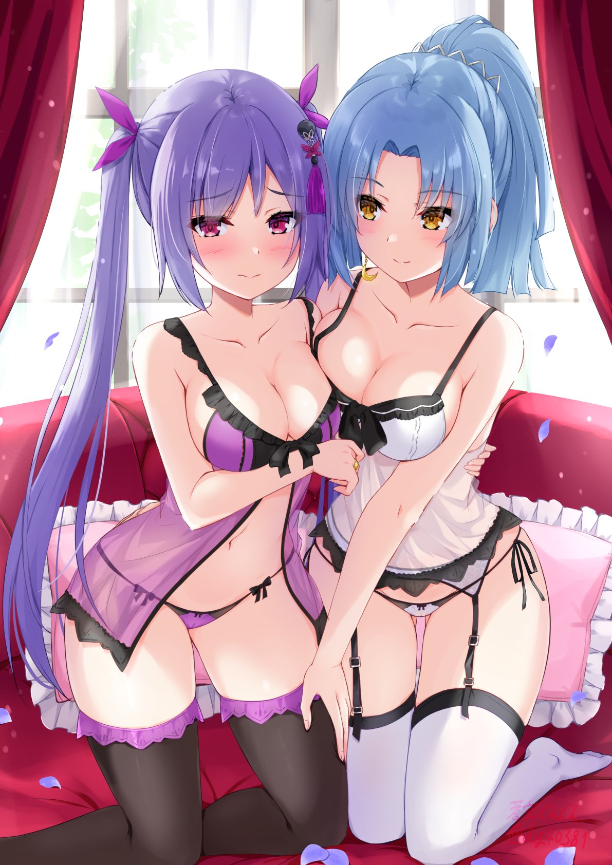 2girls arm_around_waist arm_under_breasts artist_name ass_visible_through_thighs assault_lily babydoll bare_shoulders bed black_bow black_panties black_thighhighs blue_hair blush bow bow_panties breast_press breasts cleavage closed_mouth collar commentary crescent crescent_earrings day earrings falling_petals fingernails frilled_pillow frills garter_belt gungun_(hakutou7887) hair_ornament hair_ribbon hand_on_another's_thigh hand_on_another's_waist high_ponytail highres indoors jewelry kneeling lingerie long_hair looking_at_another looking_at_viewer looking_to_the_side makino_mitake matsumura_fuuka medium_breasts medium_hair multiple_girls navel no_shoes on_bed panties parted_bangs petals pillow pink_eyes pink_ribbon ponytail purple_babydoll purple_hair purple_panties raised_eyebrows ribbon ring see-through side-tie_panties single_earring smile string_panties tassel tassel_hair_ornament thighhighs twintails twitter_username two-tone_panties underwear underwear_only very_long_hair white_babydoll white_panties white_thighhighs window yellow_eyes yuri