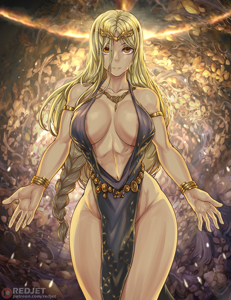 1girl areola_slip armlet bare_shoulders black_dress blonde_hair bracelet braid breasts circlet closed_mouth commentary dress elden_ring english_commentary gold_belt gold_bracelet gold_diadem gold_necklace jewelry large_breasts long_hair looking_at_viewer navel necklace ornate_clothes paid_reward_available plunging_neckline queen queen_marika_the_eternal redjet solo very_long_hair yellow_eyes