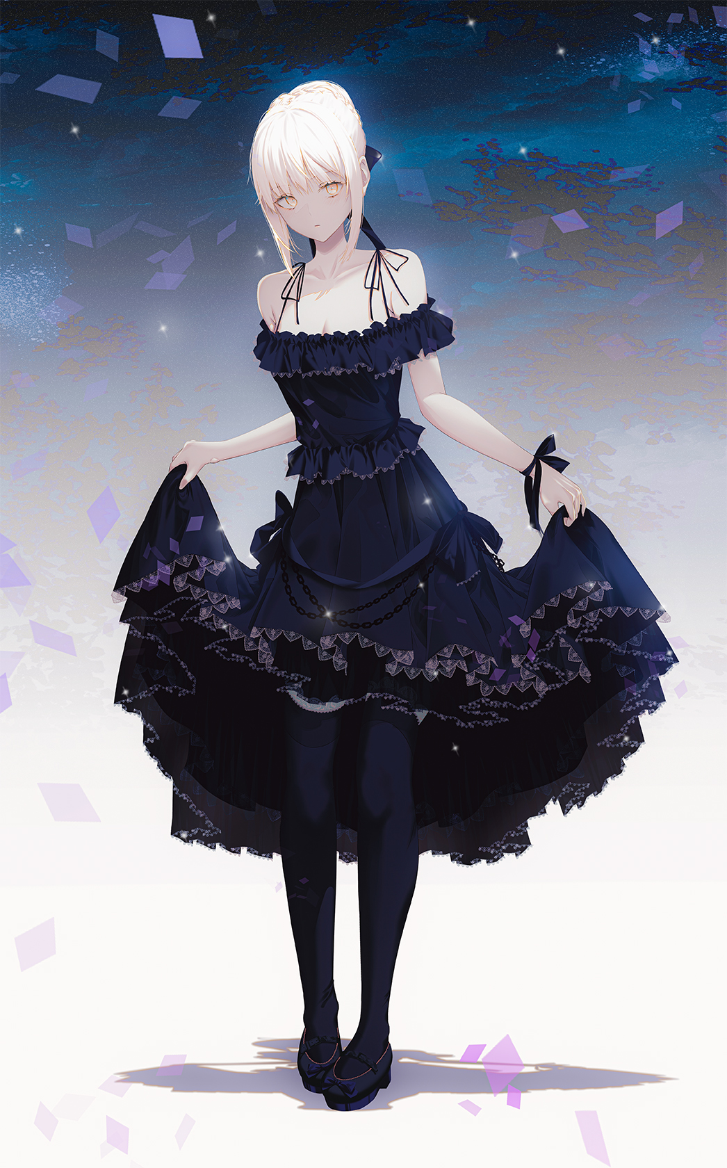1girl ahoge artoria_pendragon_(fate) bare_shoulders black_dress black_thighhighs blonde_hair breasts cleavage dress fate/grand_order fate_(series) fov_ps hair_ribbon highres holding holding_clothes holding_dress looking_at_viewer ribbon saber saber_alter sleeveless solo tagme thighhighs yellow_eyes