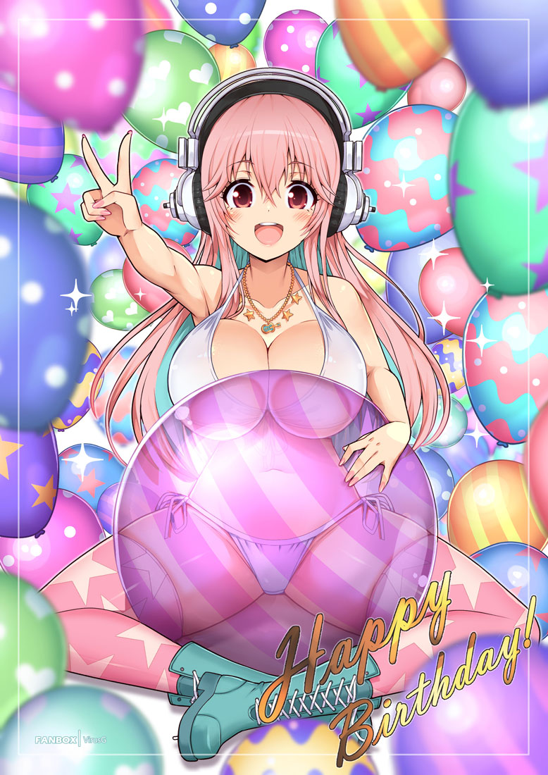 1girl balloon bare_arms bikini blush breasts cleavage collarbone green_footwear green_hair happy_birthday headphones huge_breasts jewelry long_hair looking_at_viewer multicolored_hair navel necklace nitroplus open_mouth pink_eyes pink_hair pink_thighhighs print_thighhighs side-tie_bikini_bottom sitting smile solo star_(symbol) star_necklace star_print stomach super_sonico swimsuit teeth thighhighs thighs two-tone_hair upper_teeth_only v virus-g