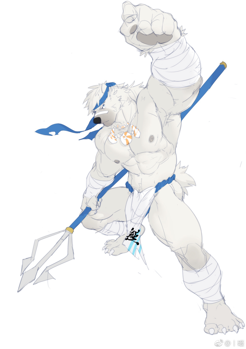 1boy bandaid bandaid_on_face bandaid_on_nose bara bear_boy ben_(rollingstonex6) blue_fundoshi blue_headband clenched_hand from_above frown furry furry_male headband highres jewelry large_pectorals looking_up male_focus mature_male muscular muscular_male necklace original pectorals pelvic_curtain polearm rollingstonex6 shell_necklace short_hair solo thick_eyebrows translation_request tribal trident unfinished weapon white_hair
