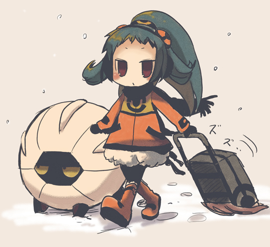 1girl ace_trainer_(pokemon) black_gloves black_pantyhose black_scarf blush boots brown_eyes coat earmuffs gloves orange_coat orange_footwear pantyhose pixiv_trainer poke_ball_print pokemon ponytail rolling_suitcase scarf shelgon sketch snow suitcase walking yuzuki_gao