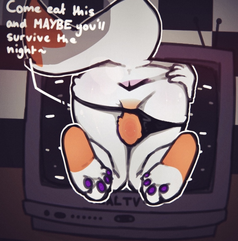 2023 anthro anus backsack balls big_tail butt canid canine clothed clothing clothing_aside dialogue digital_media_(artwork) english_text feet five_nights_at_freddy's five_nights_at_freddy's_world fox fur genitals hand_on_butt kneeling legs_together lolbit_(fnaf) male mammal orange_body orange_fur paws presenting presenting_hindquarters scottgames sister_location solo spread_anus spreading spyromancer stretched_anus tail talking_to_viewer television text underwear underwear_aside underwear_only white_body white_fur white_text