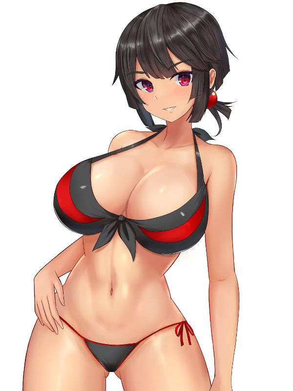 1girl abc_(type5_labyrith) bikini black_hair blush breasts dark-skinned_female dark_skin large_breasts looking_at_viewer pokemon pokemon_(game) pokemon_oras red_eyes ringed_eyes short_hair short_ponytail side-tie_bikini_bottom simple_background smile solo swimsuit white_background zinnia_(pokemon)