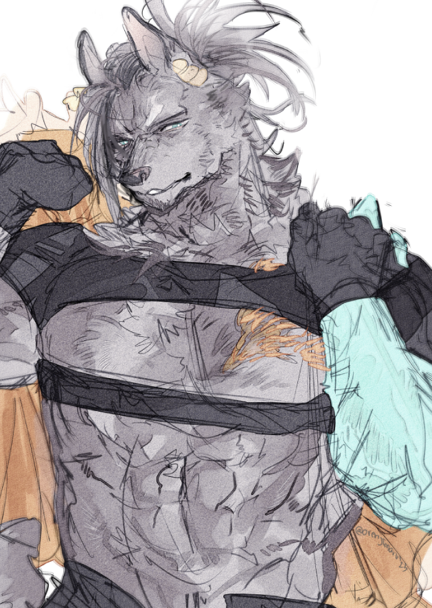 abs anthro anthrofied bare_chest canid canine canis clothed clothing fur gloves grey_body grey_fur handwear hololive hololive_en jacket josuiji_shinri male mammal muscular muscular_anthro muscular_male orenjimaru pecs skimpy solo topwear vtuber wolf