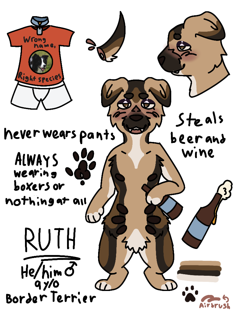 8_nipples alcohol ambiguous_gender anthro bedroom_eyes beer beer_bottle beverage blush border_collie border_terrier bottle boxers_(clothing) bubble canid canine canis character_name clothing cold-not-found collar collie color_swatch container cute_fangs disembodied_head disembodied_tail domestic_dog drunk drunk_bubble herding_dog holding_beverage holding_object hooded_eyes mammal model_sheet multi_nipple narrowed_eyes nipples open_mouth pastoral_dog pawpads pronouns ruth_(cold-not-found) seductive sheepdog shirt smile solo substance_intoxication t-shirt teeth text topwear underwear young