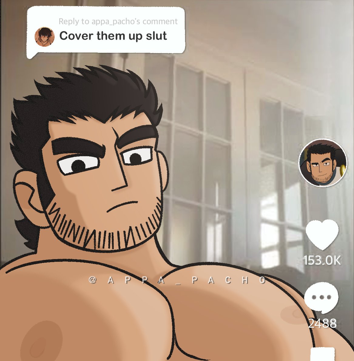 1boy appa_pacho bara beard_stubble black_hair cover_them_up_slut_(meme) dialogue_box from_below huge_eyebrows indoors large_pectorals looking_at_viewer lucas_lee male_focus meme muscular muscular_male nipples nude official_style parody pectorals raised_eyebrow scott_pilgrim_takes_off screencap_inset short_hair smile solo style_parody upper_body user_interface