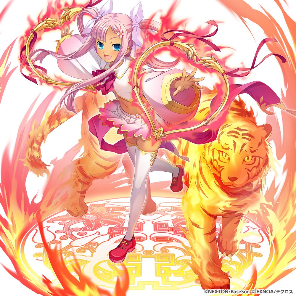 1girl 1other animal arms_up blue_eyes bow fire full_body hair_bow hair_ornament hair_rings hairclip hikage_eiji koihime_musou leg_up long_hair long_sleeves magic_circle midriff miniskirt navel official_art open_mouth outstretched_arms pink_hair pink_shirt pink_skirt pink_sleeves pleated_skirt red_footwear ribbon shin_koihime_musou shirt shoes skirt smile sonshoukou standing standing_on_one_leg thighhighs thighs tiger twintails weapon white_thighhighs