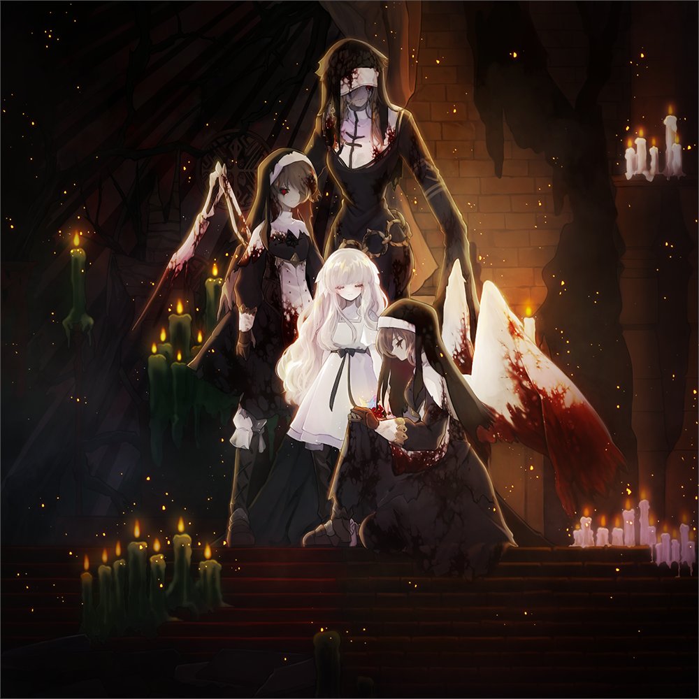 4girls black_dress black_ribbon blood blood_on_clothes bloody_wings candle candlelight closed_eyes commentary_request dress ender_lilies_quietus_of_the_knights full_body guardian_siegrid guardian_silva habit indoors jezone119 kneeling korean_commentary light_particles lily_(ender_lilies) long_hair multiple_girls ribbon skeletal_wings stairs standing white_dress white_hair white_wings wings